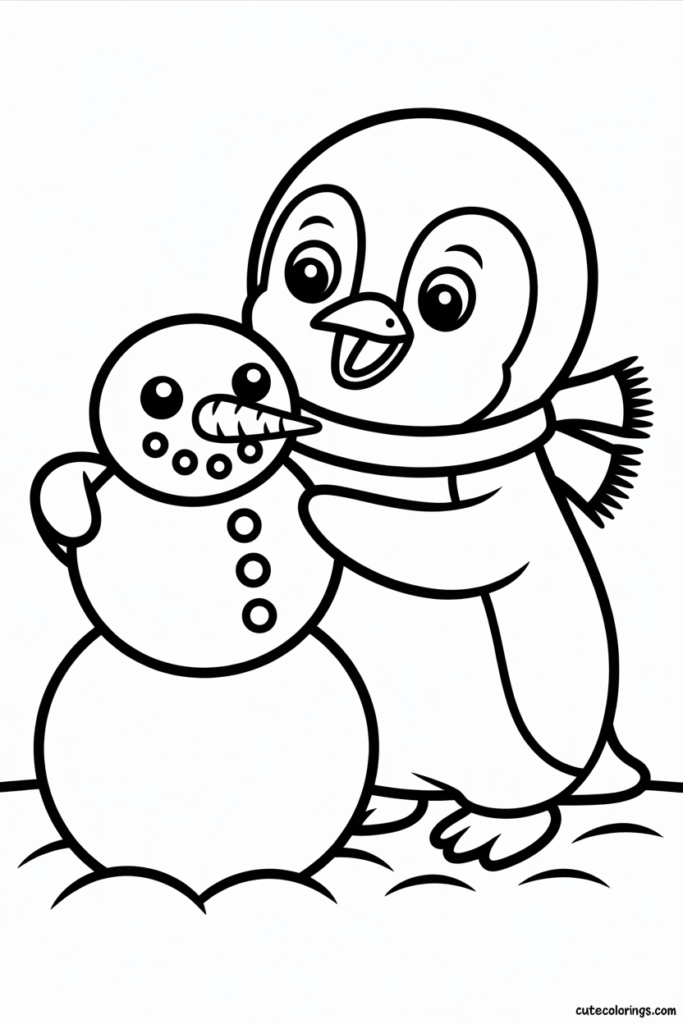 Penguin Building Snowman Winter Scene