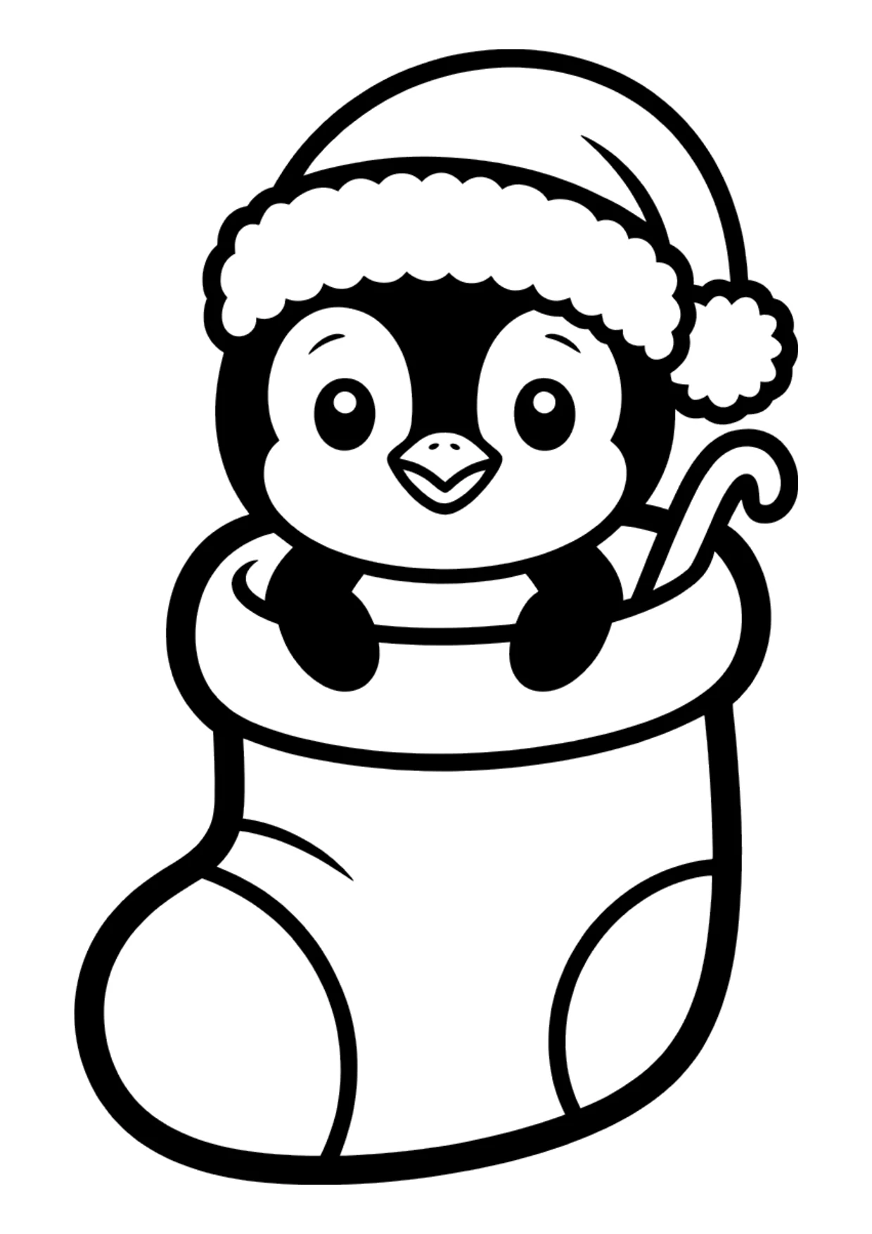 Dibujo fácil de un pingüino en un calcetín de Navidad para colorear