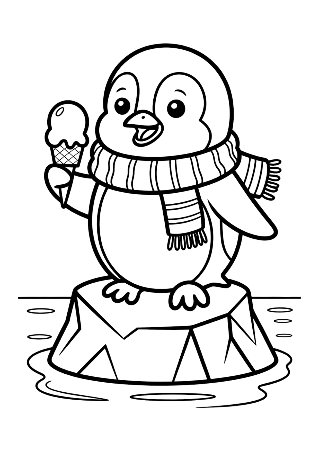 Ausmalbild für Kinder von einem Pinguin, der Eis isst