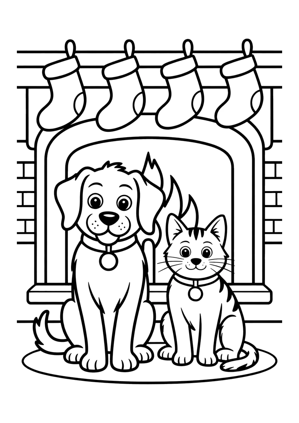 Dibujo para niños de mascotas con sus calcetines de Navidad para colorear