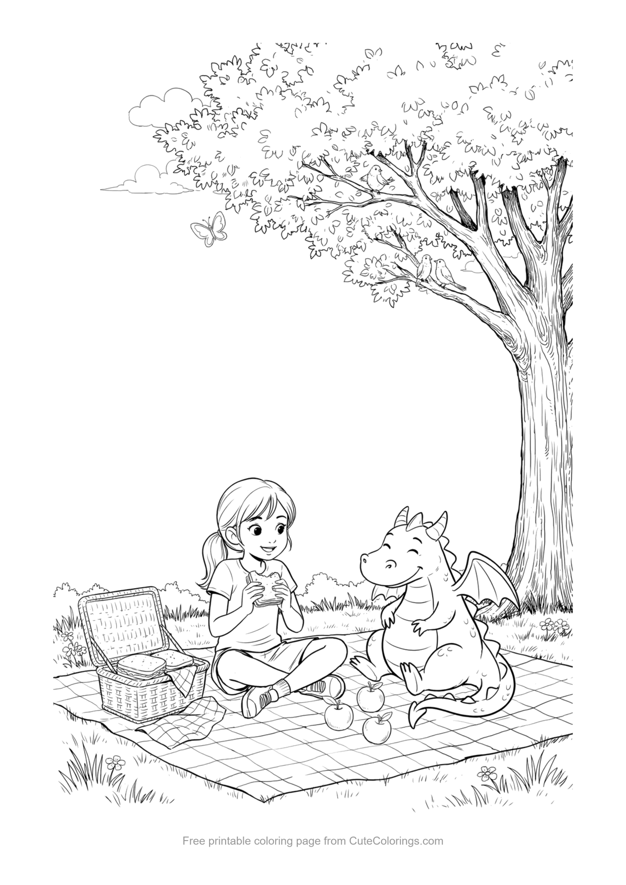 Coloring page of a girl and a friendly dragon having a picnic under a tree
