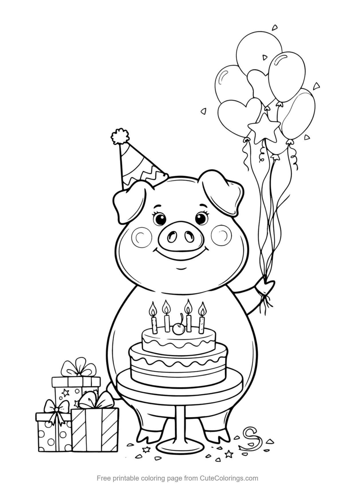 Coloring page for kids of a pig celebrating a birthday with balloons and cake