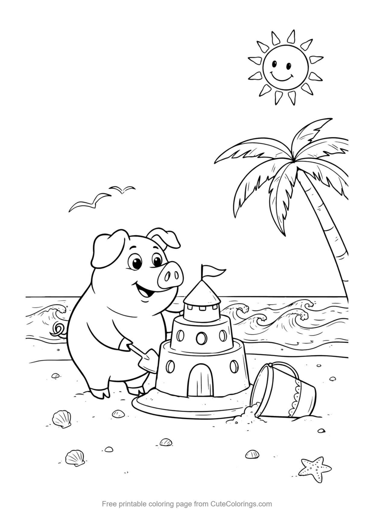 Coloring page for kids of a pig building a sandcastle at the beach