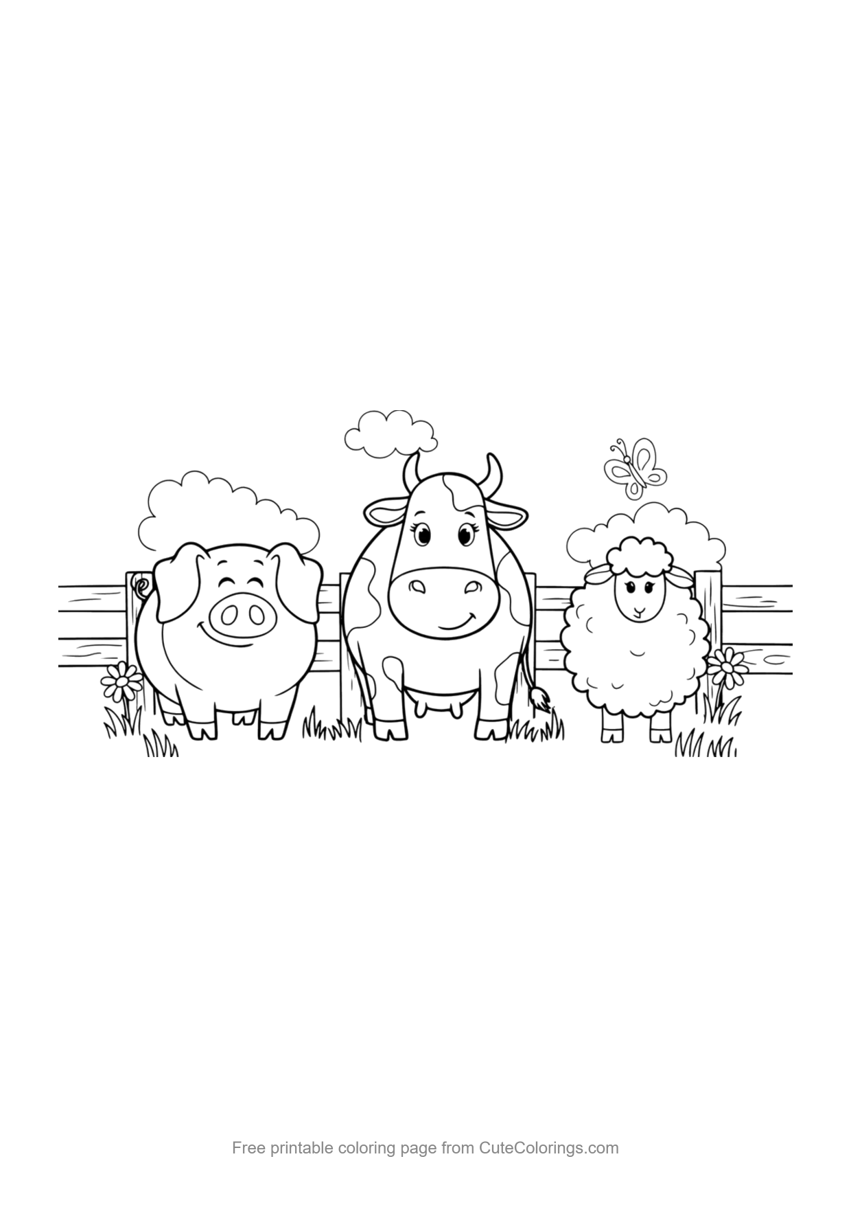 Coloring page for kids of a pig, cow and sheep standing together on a farm