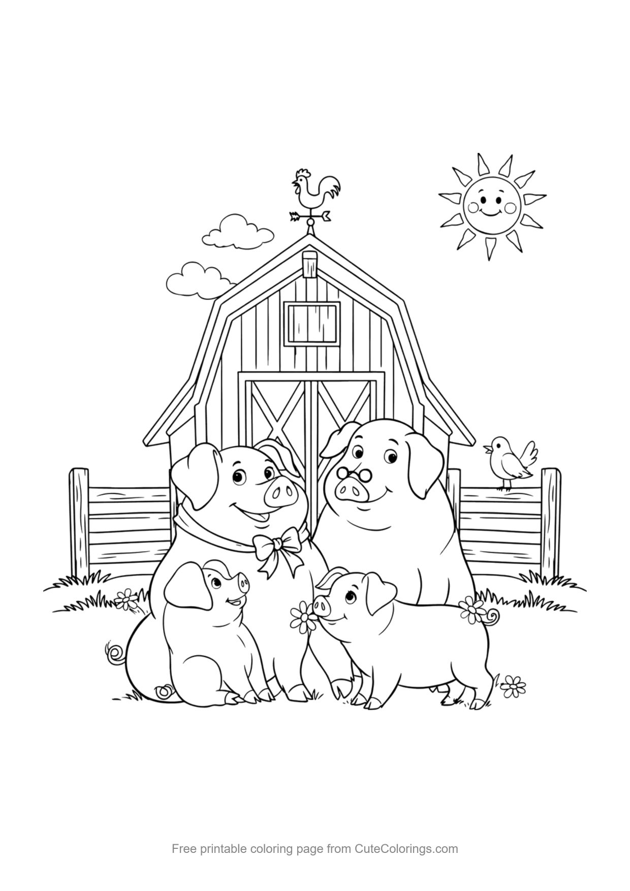 Coloring page for kids of a pig family standing in front of a farm barn