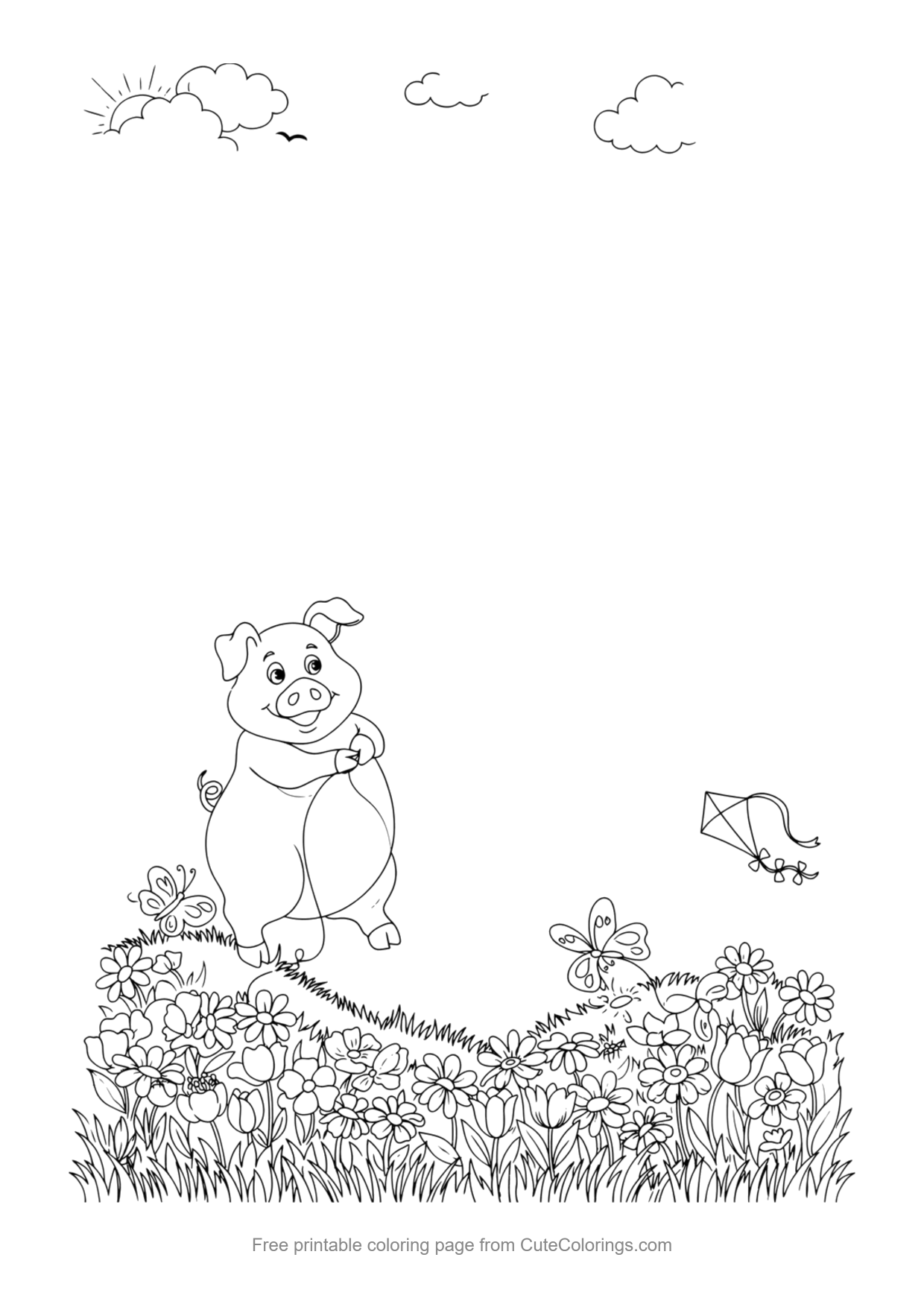 Coloring page for kids of a pig flying a kite in a field