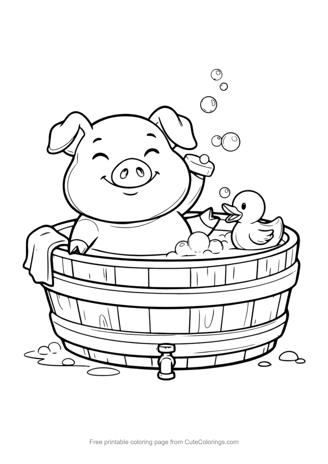 Coloring page for kids of a pig taking a bubble bath