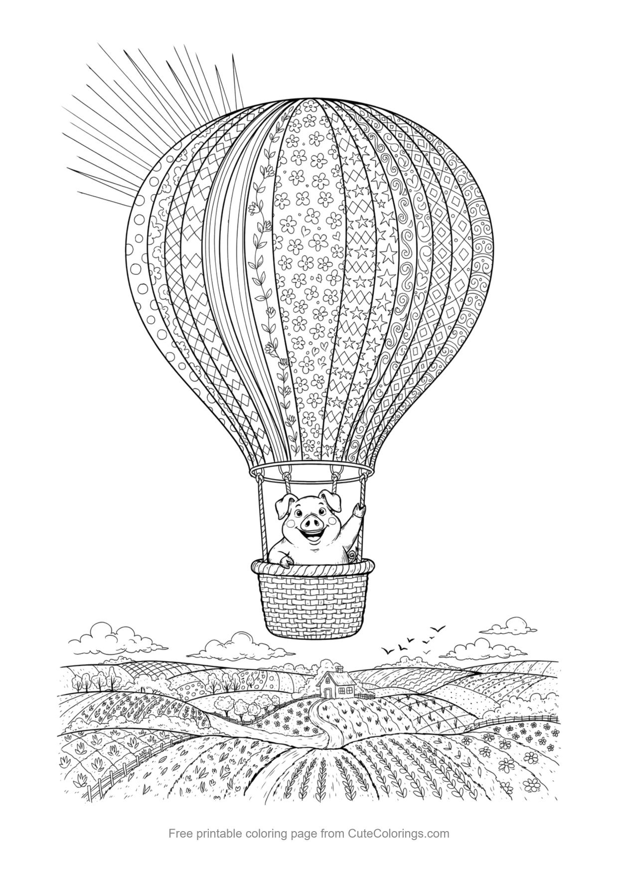 Detailed coloring page of a pig flying in a hot air balloon over the countryside