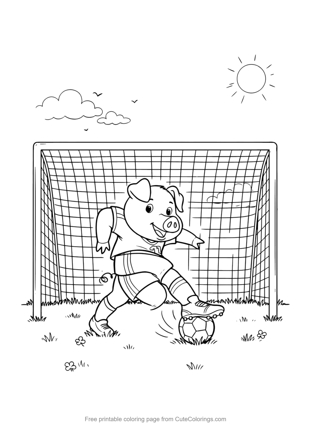 Coloring page for kids of a cute pig playing soccer