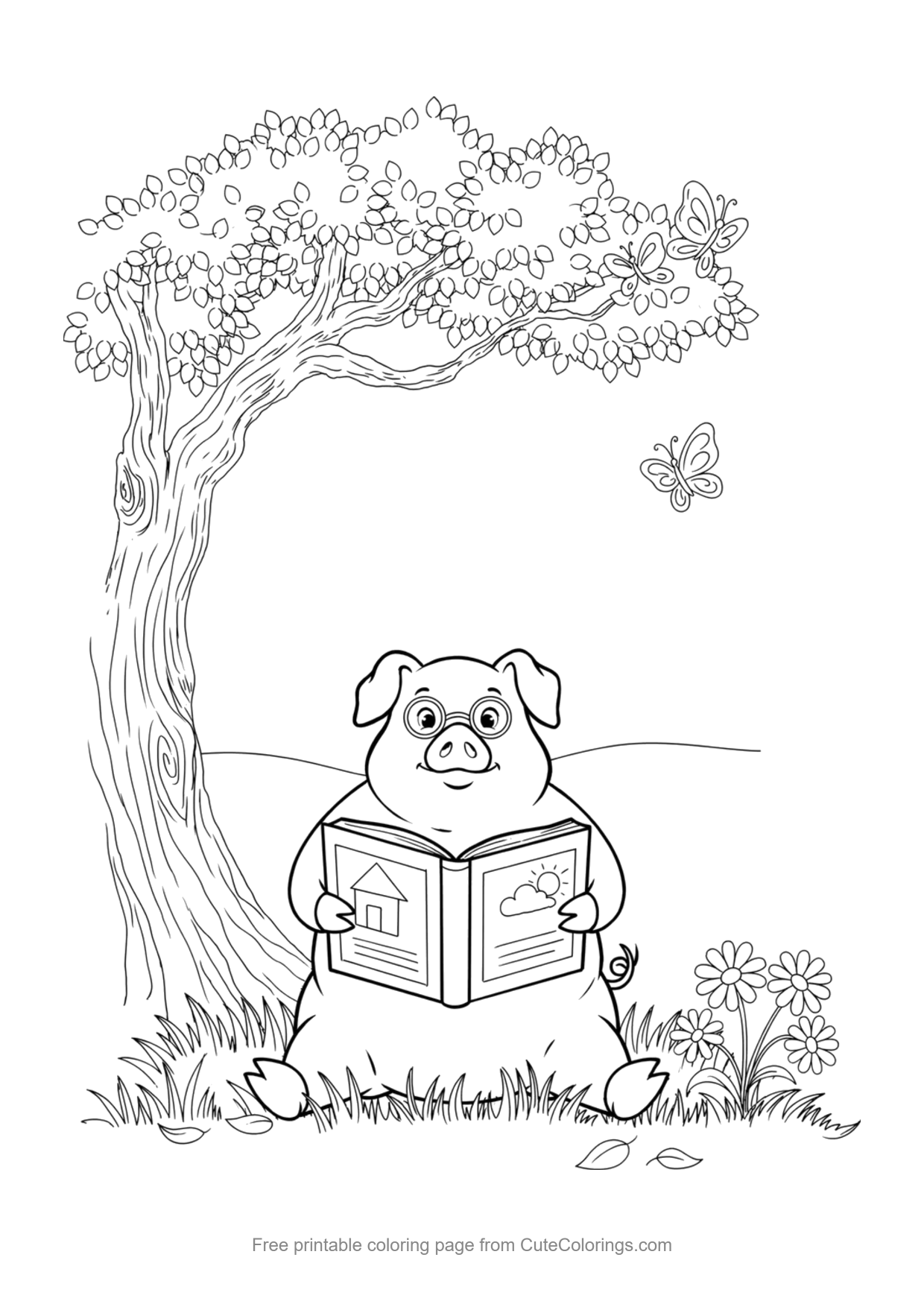 Coloring page for kids of a pig reading a book under a tree