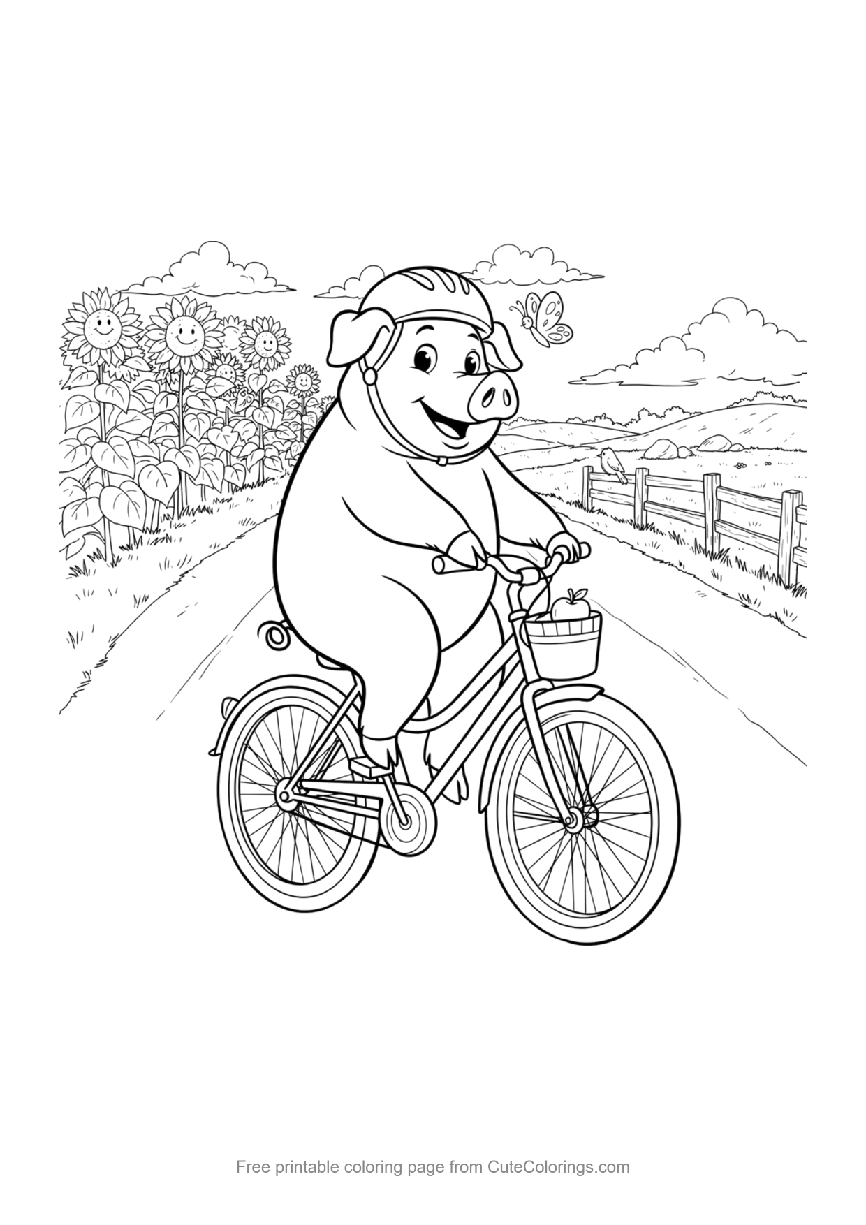 Coloring page for kids of a cute pig riding a bicycle
