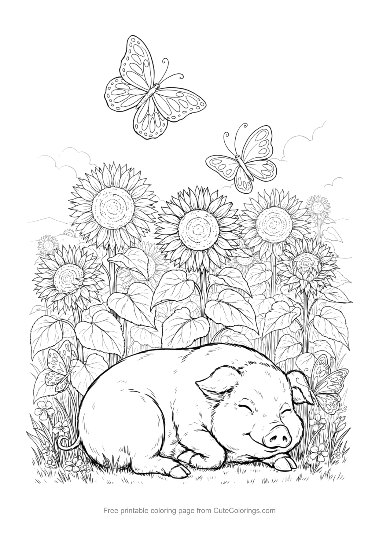 Detailed coloring page of a pig sleeping among sunflowers