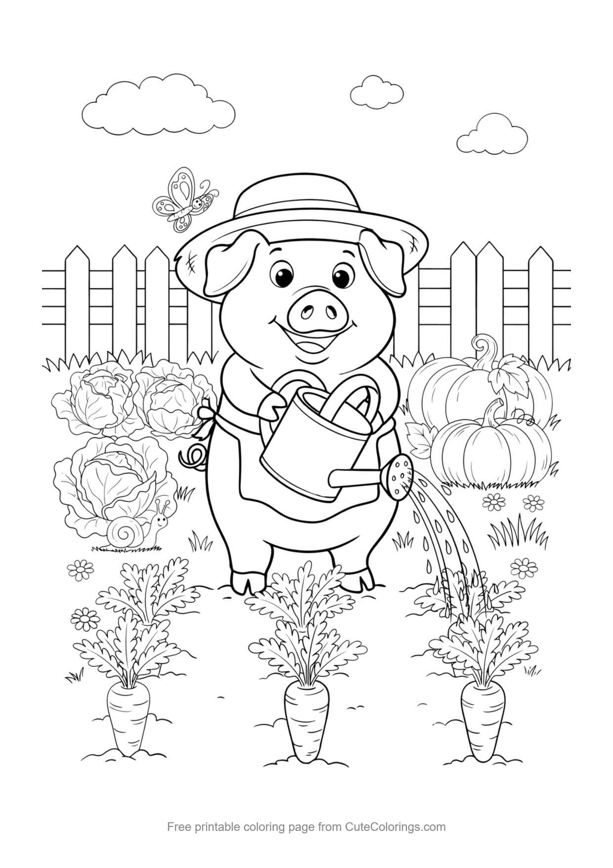Coloring page for kids of a pig with a watering can in a flower garden