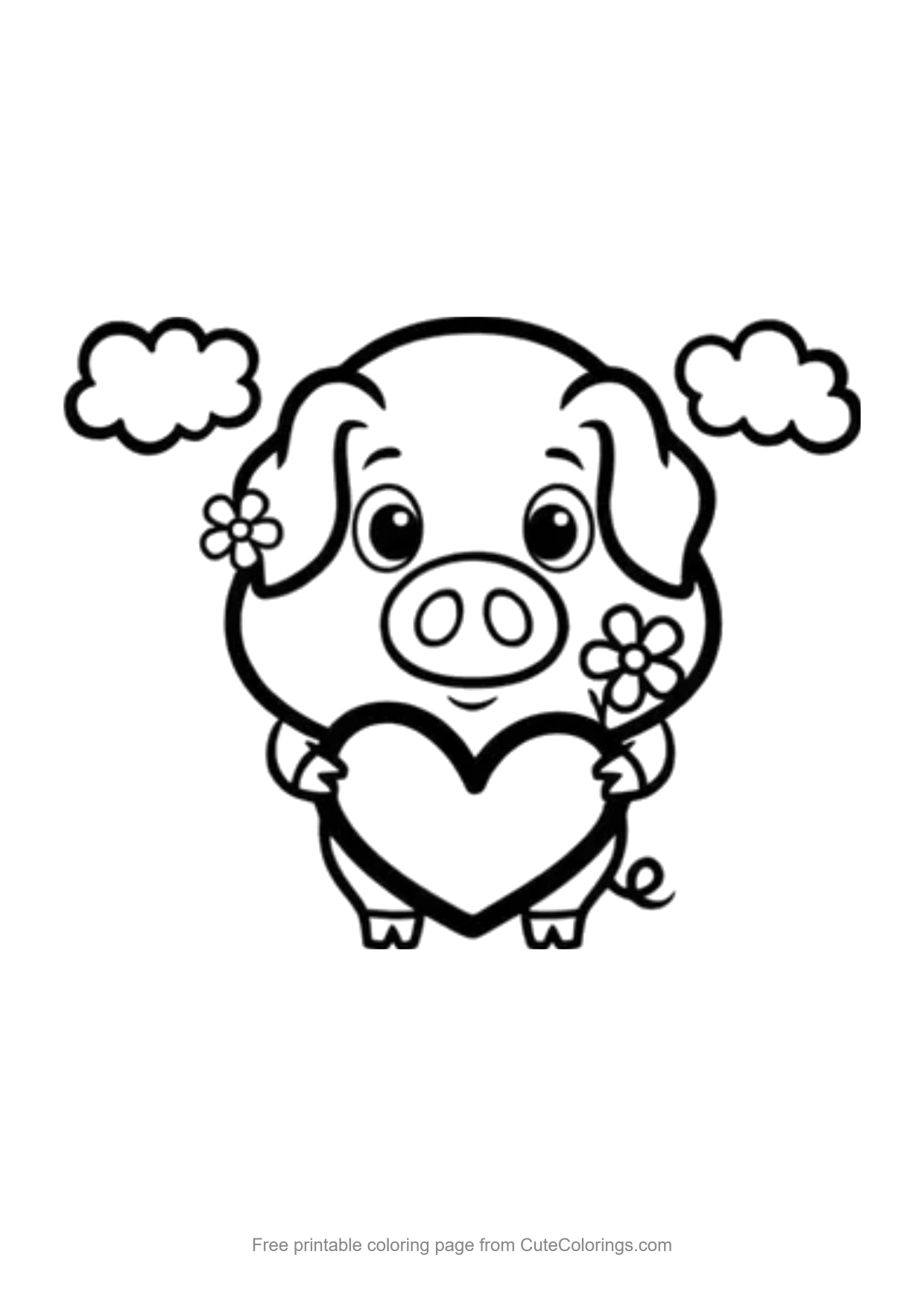 Easy coloring page of a cute pig holding a big heart