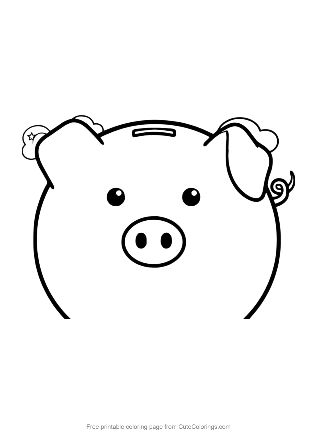 Easy coloring page of a cute piggy bank with a coin