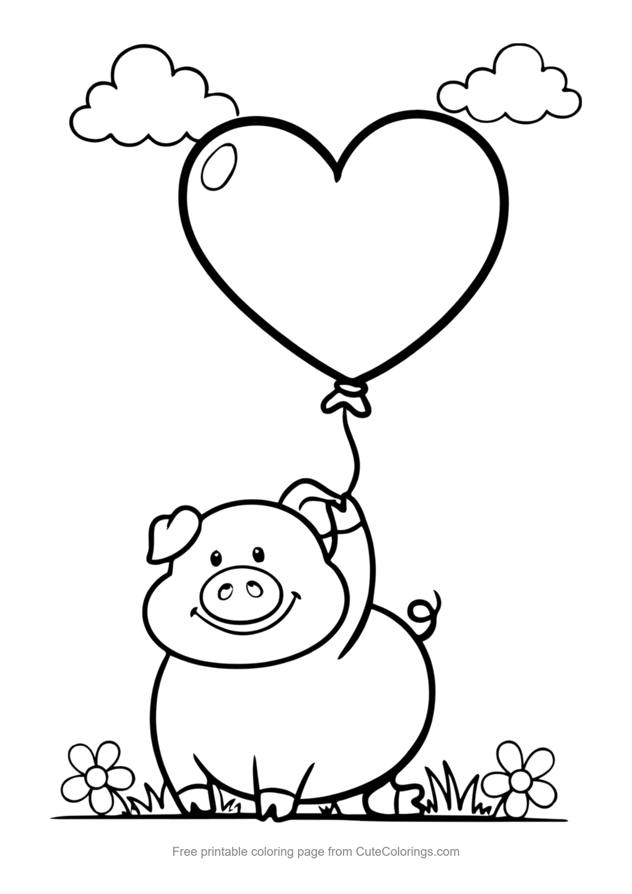 Simple coloring page of a smiling piglet holding a balloon