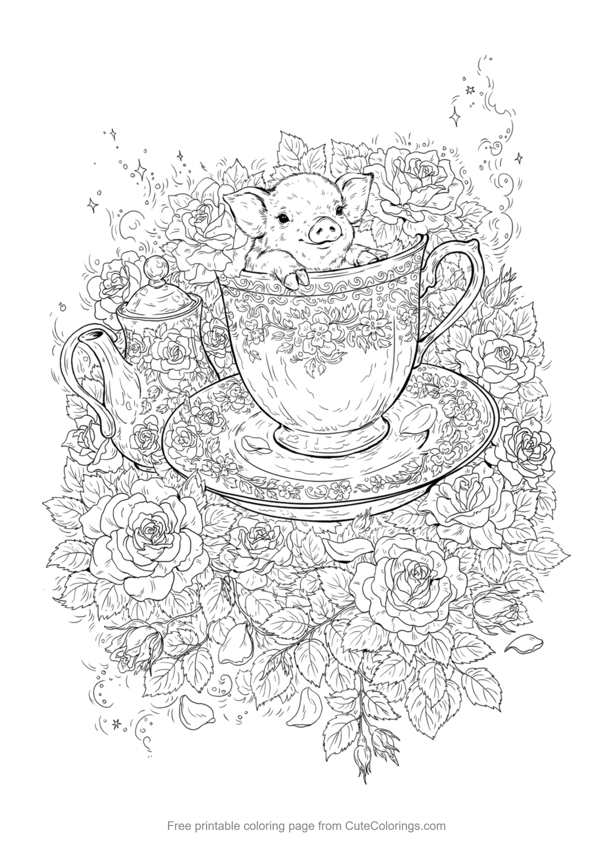 Detailed coloring page of a tiny piglet sitting in a teacup