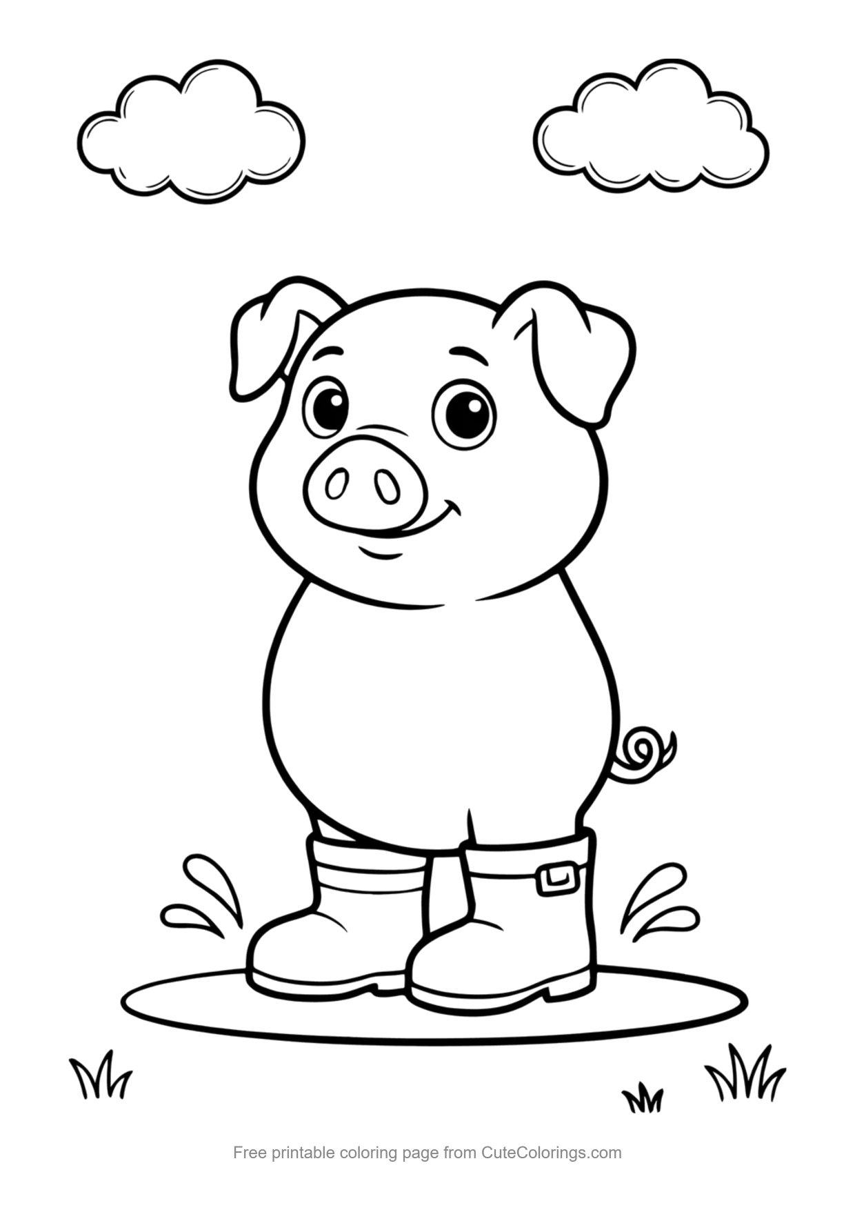 Easy coloring page of a piglet wearing rain boots jumping in a puddle