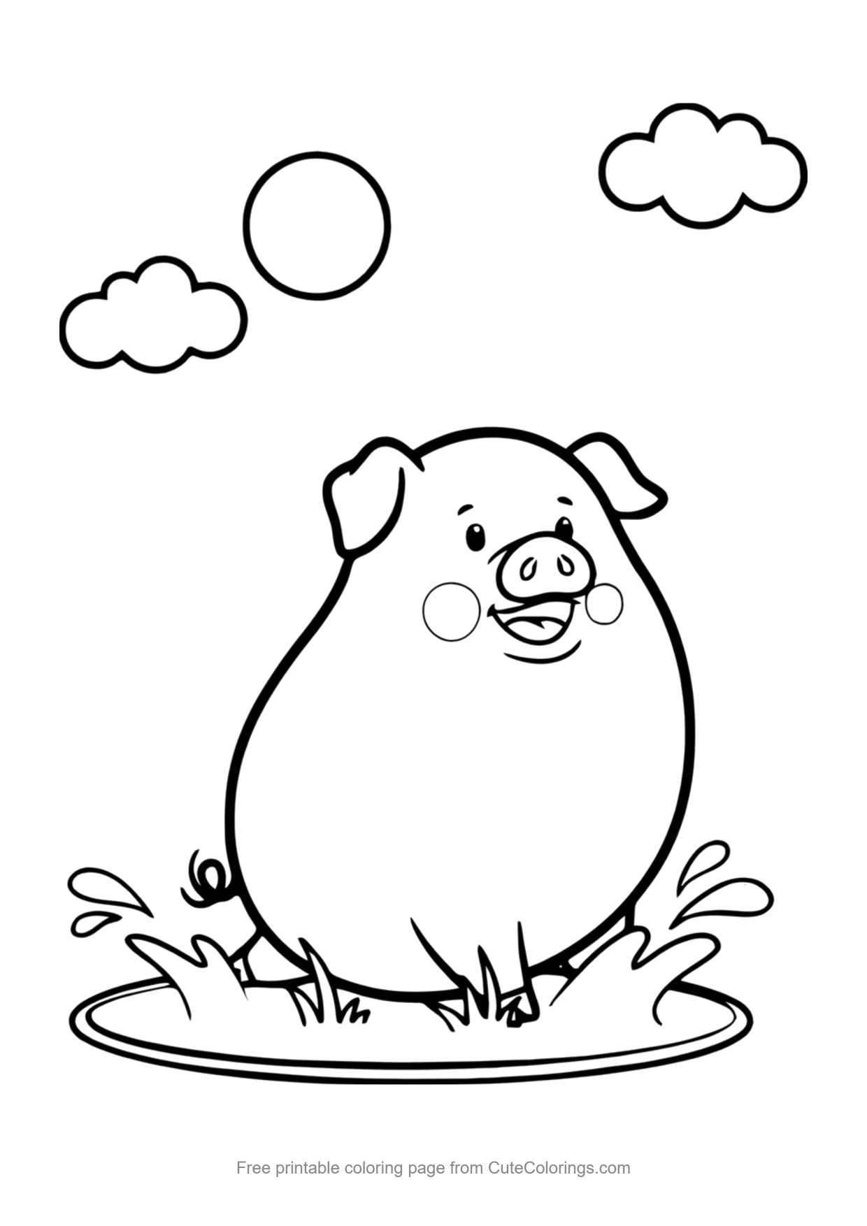 Easy coloring page of a happy piglet playing in a mud puddle