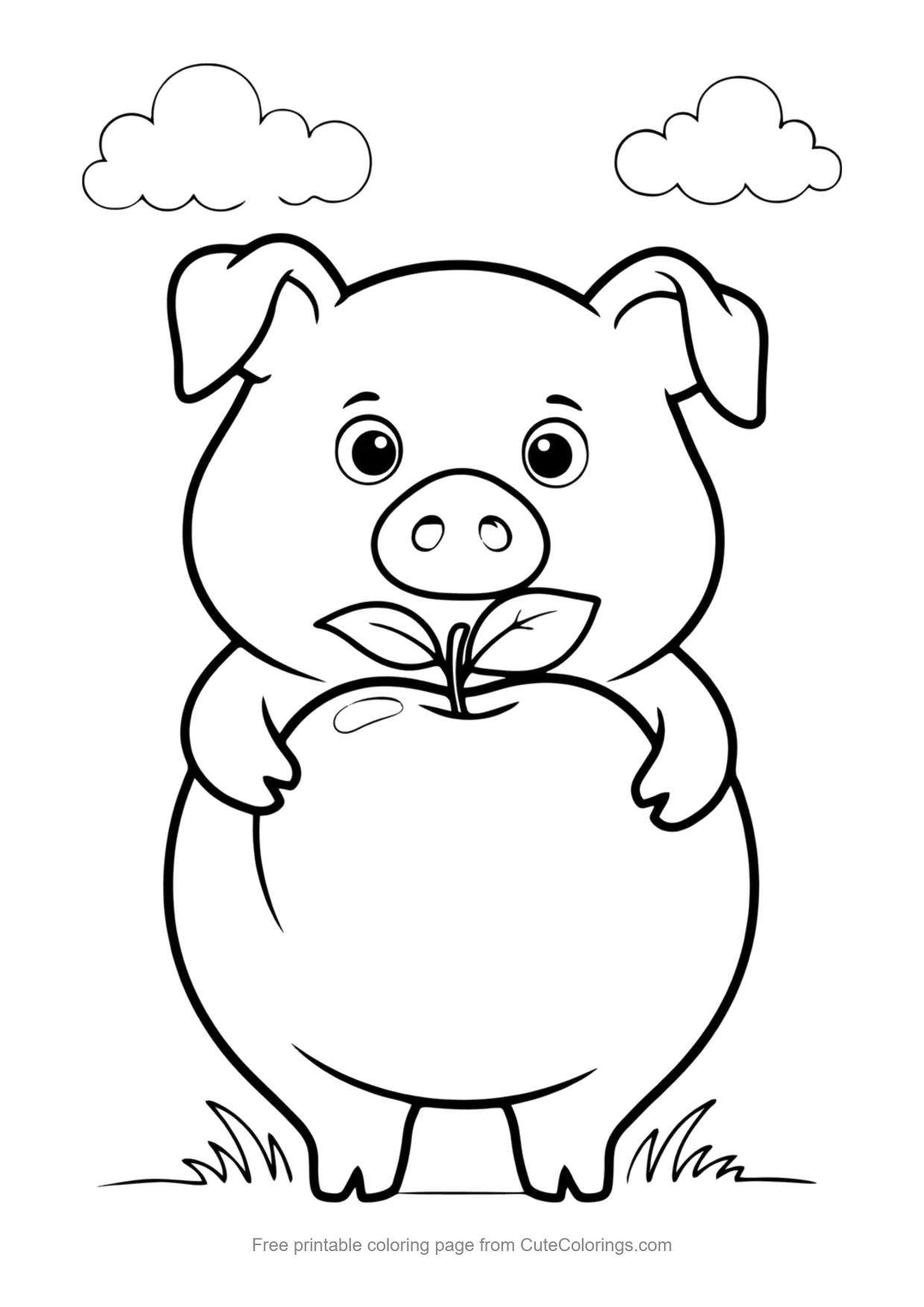 Easy coloring page of a cute piglet with a big apple