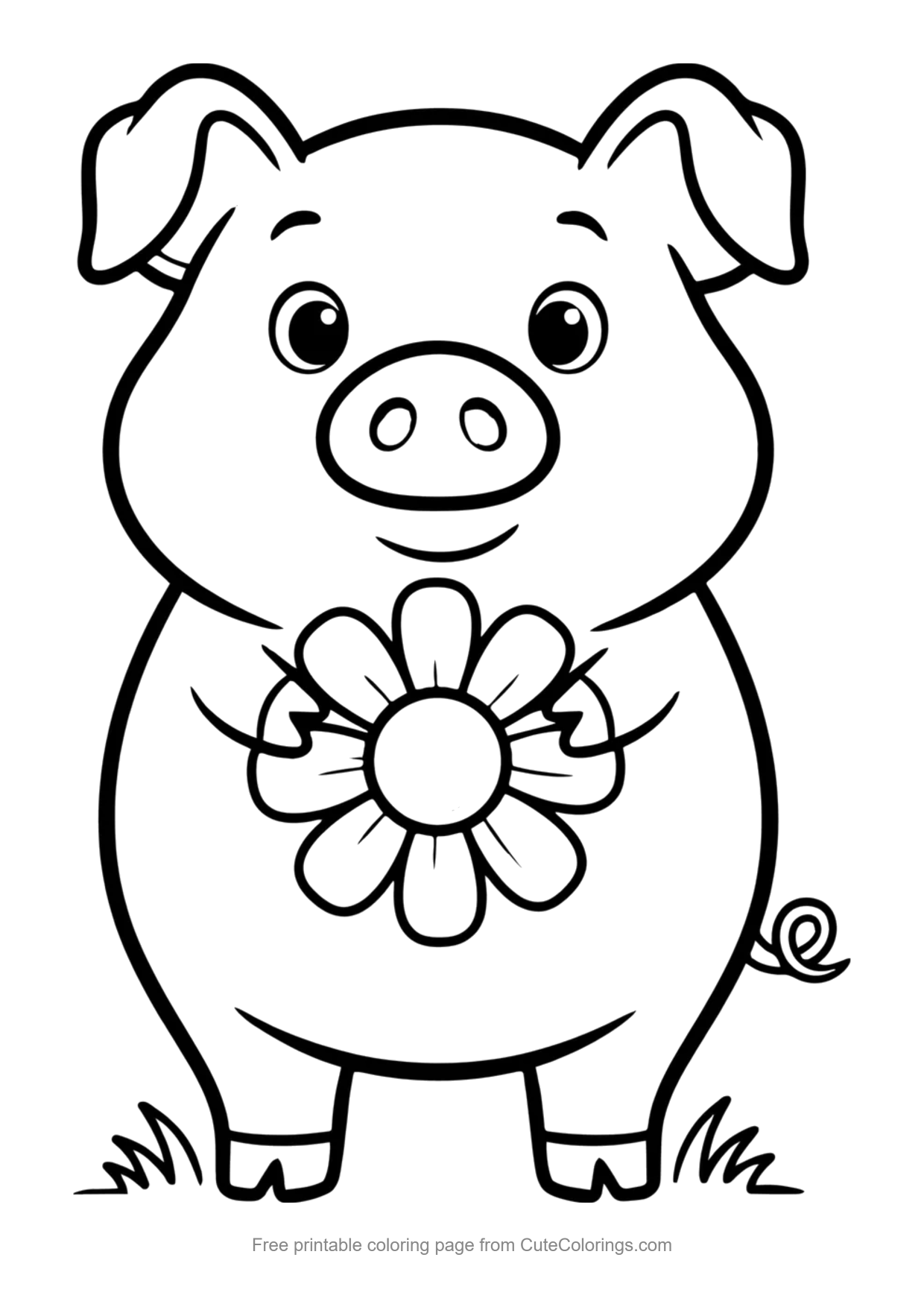 Easy coloring page of a cute piglet holding a daisy flower