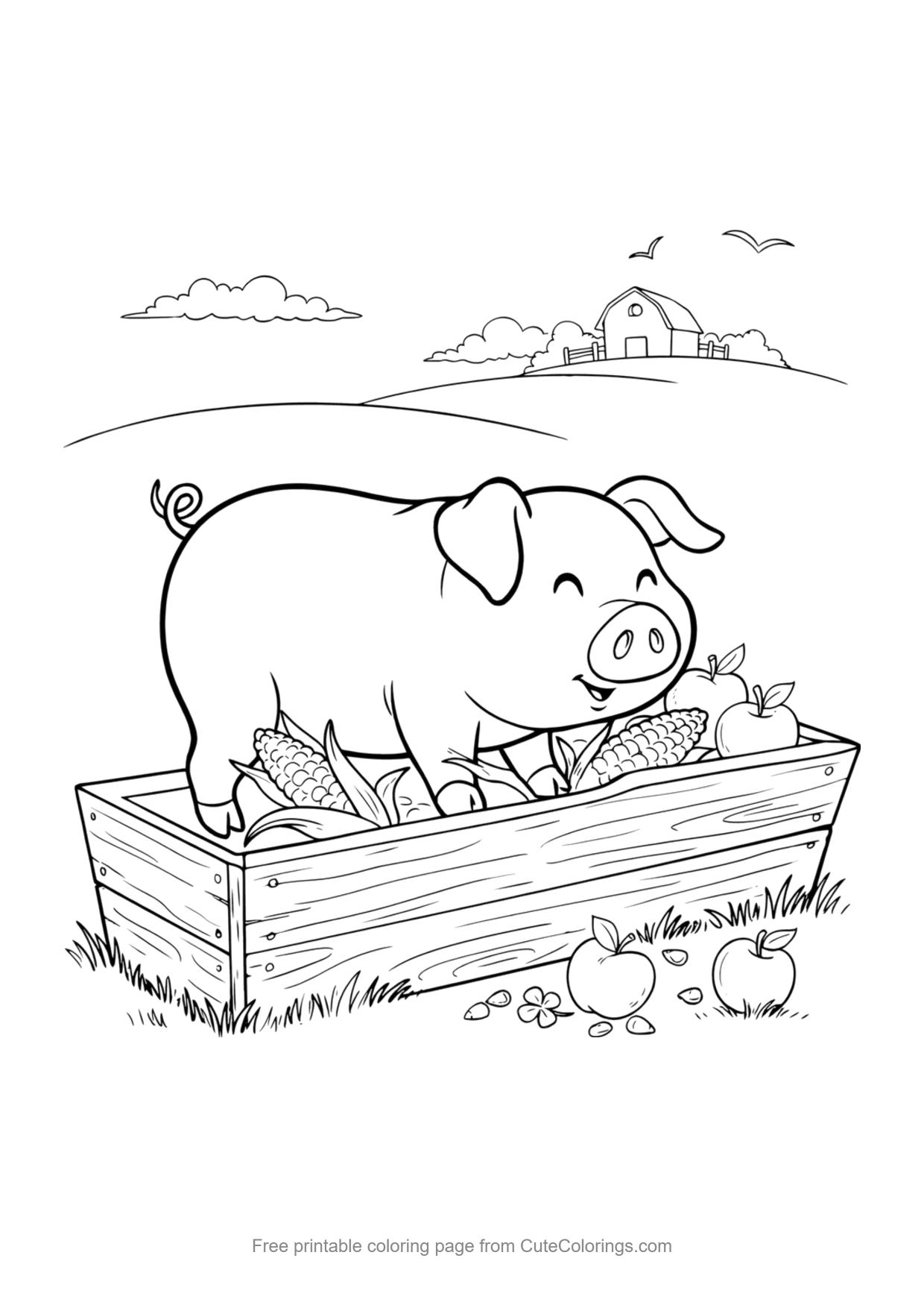 Coloring page for kids of piglets eating at a farm feeding trough