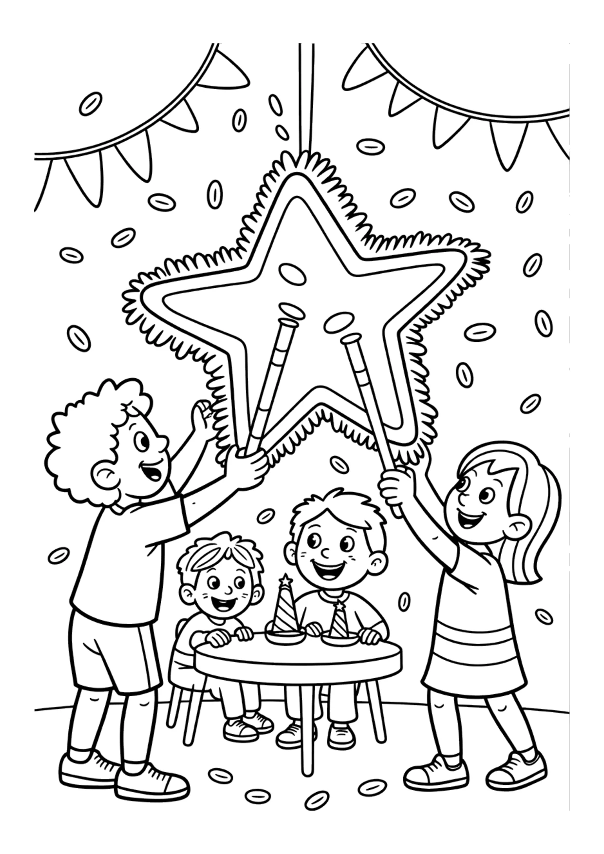 Coloring page for kids of children at a pinata party