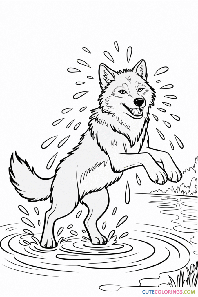 Playful Wolf Splashing Water Coloring