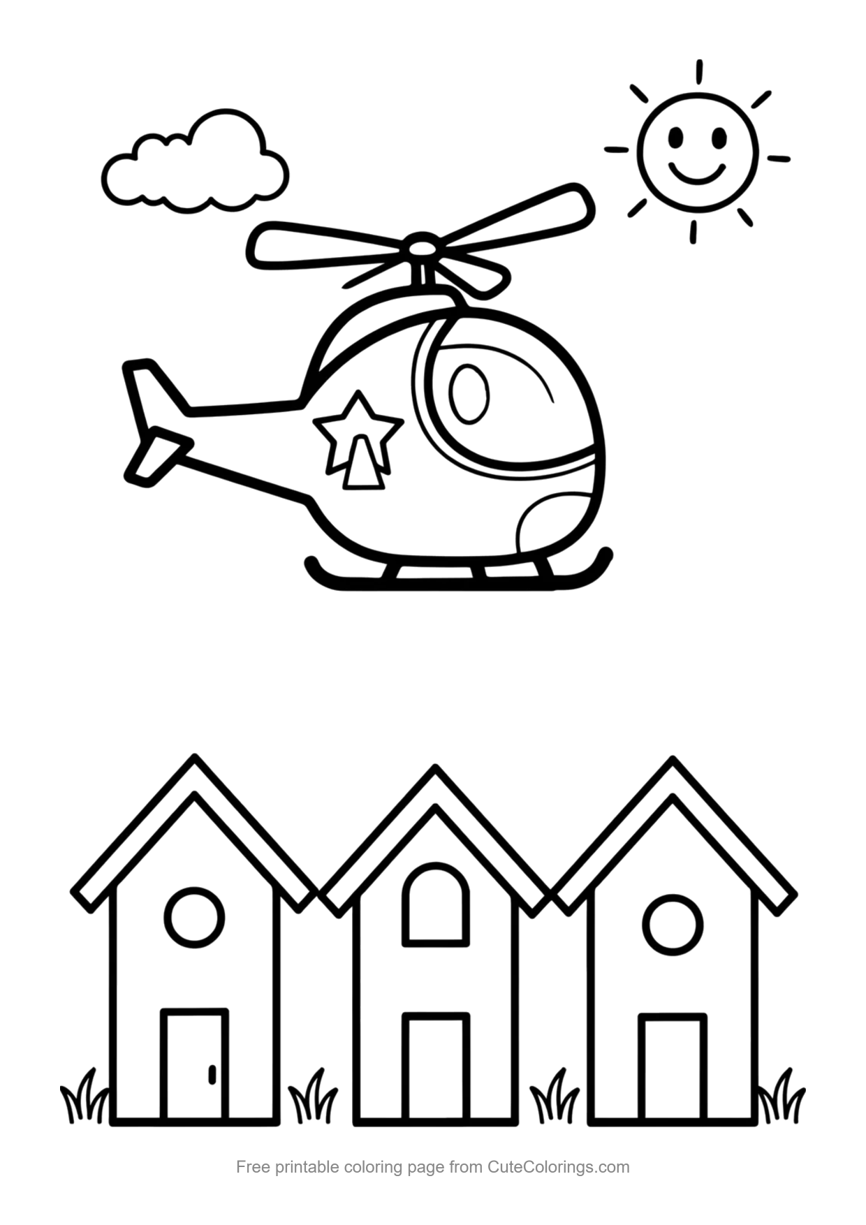 Easy coloring page of a cartoon police helicopter with a star flying over houses