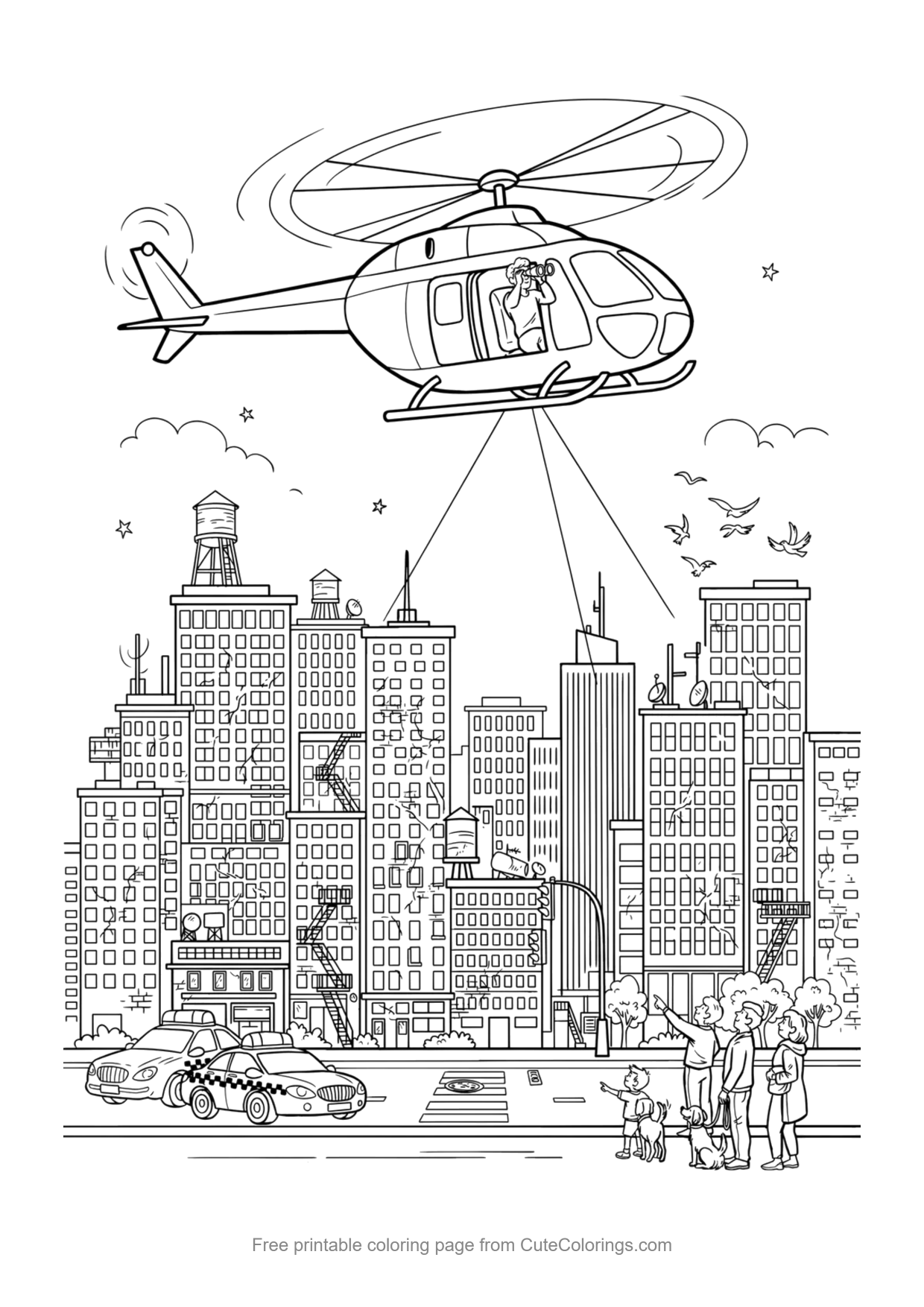 Coloring page for kids of a police helicopter flying over city skyscrapers and police cars