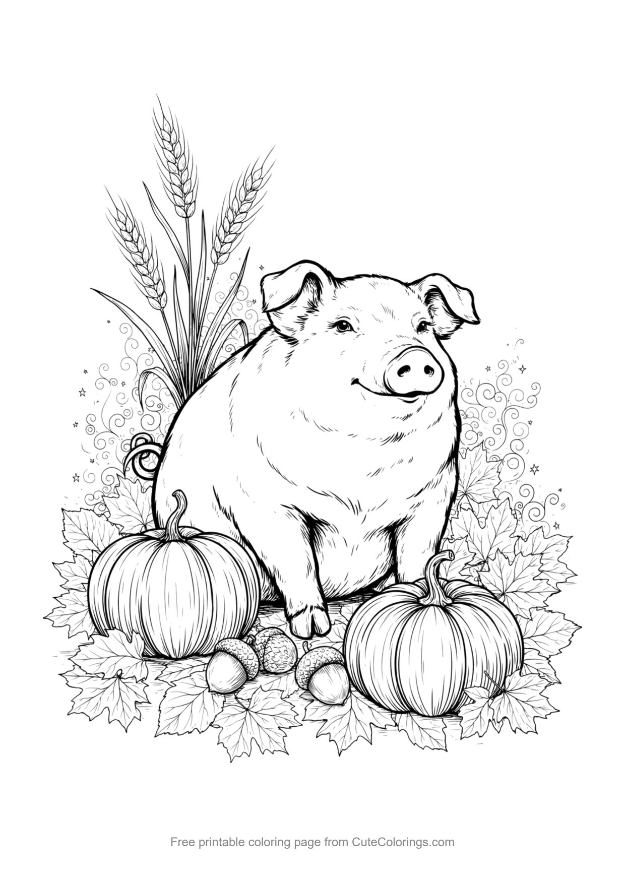 Detailed coloring page of a pot-bellied pig with pumpkins and autumn leaves