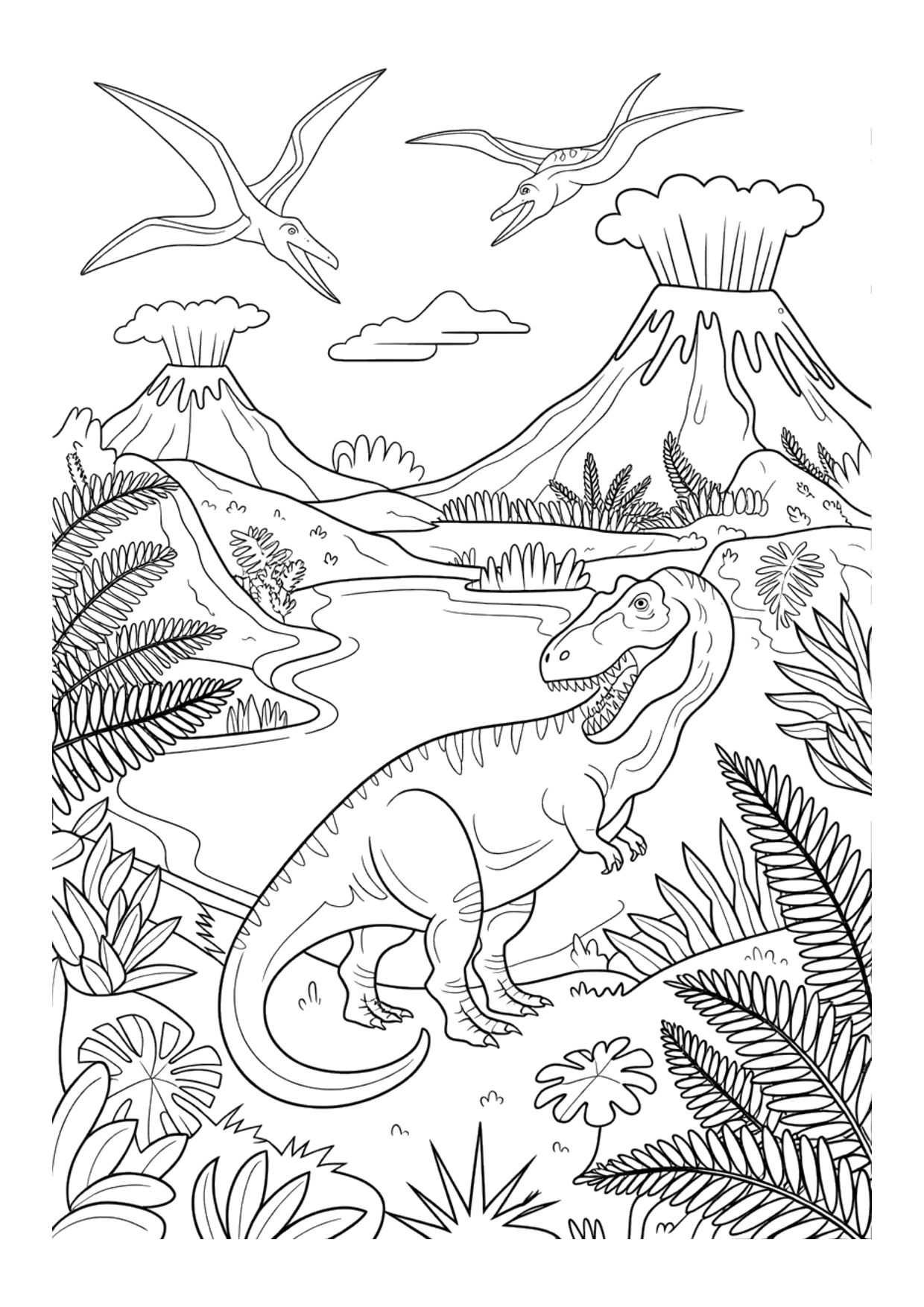 Detailliertes Ausmalbild einer Urzeitlandschaft mit einem T-Rex, einem See, Vulkanen und Flugsauriern