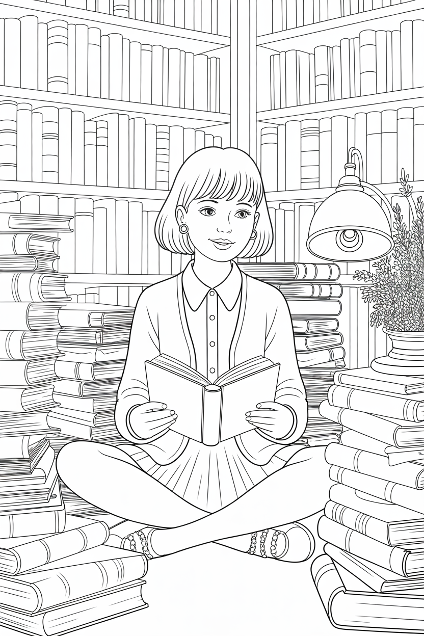 Preppy Library Study Girl Coloring Page