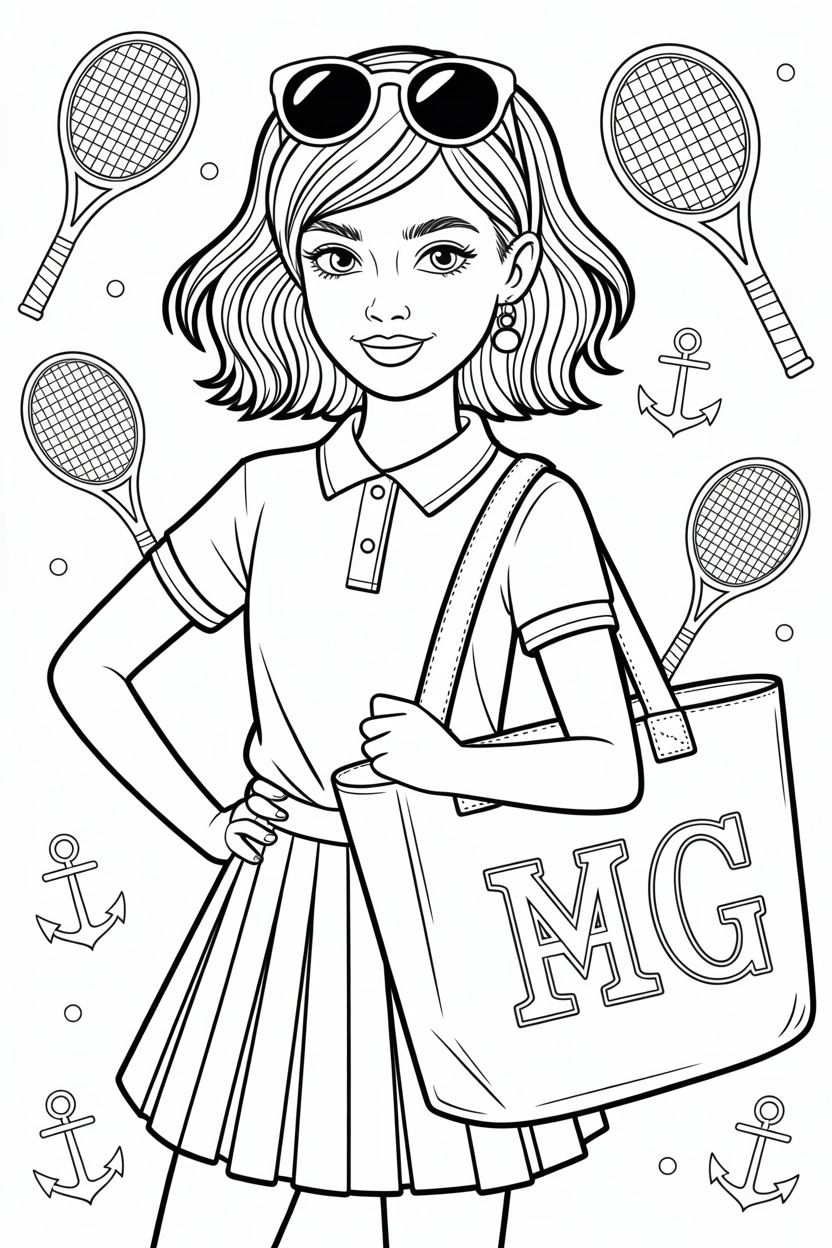 Preppy Tennis Girl Racket Coloring Page