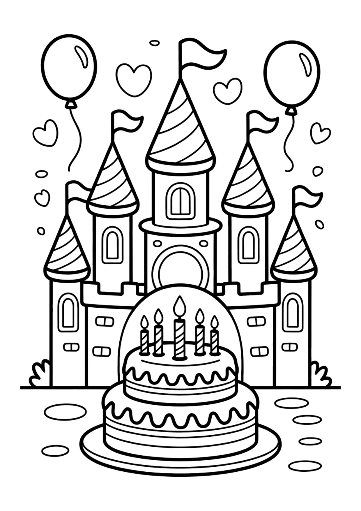 Coloring page for kids of a princess castle birthday party
