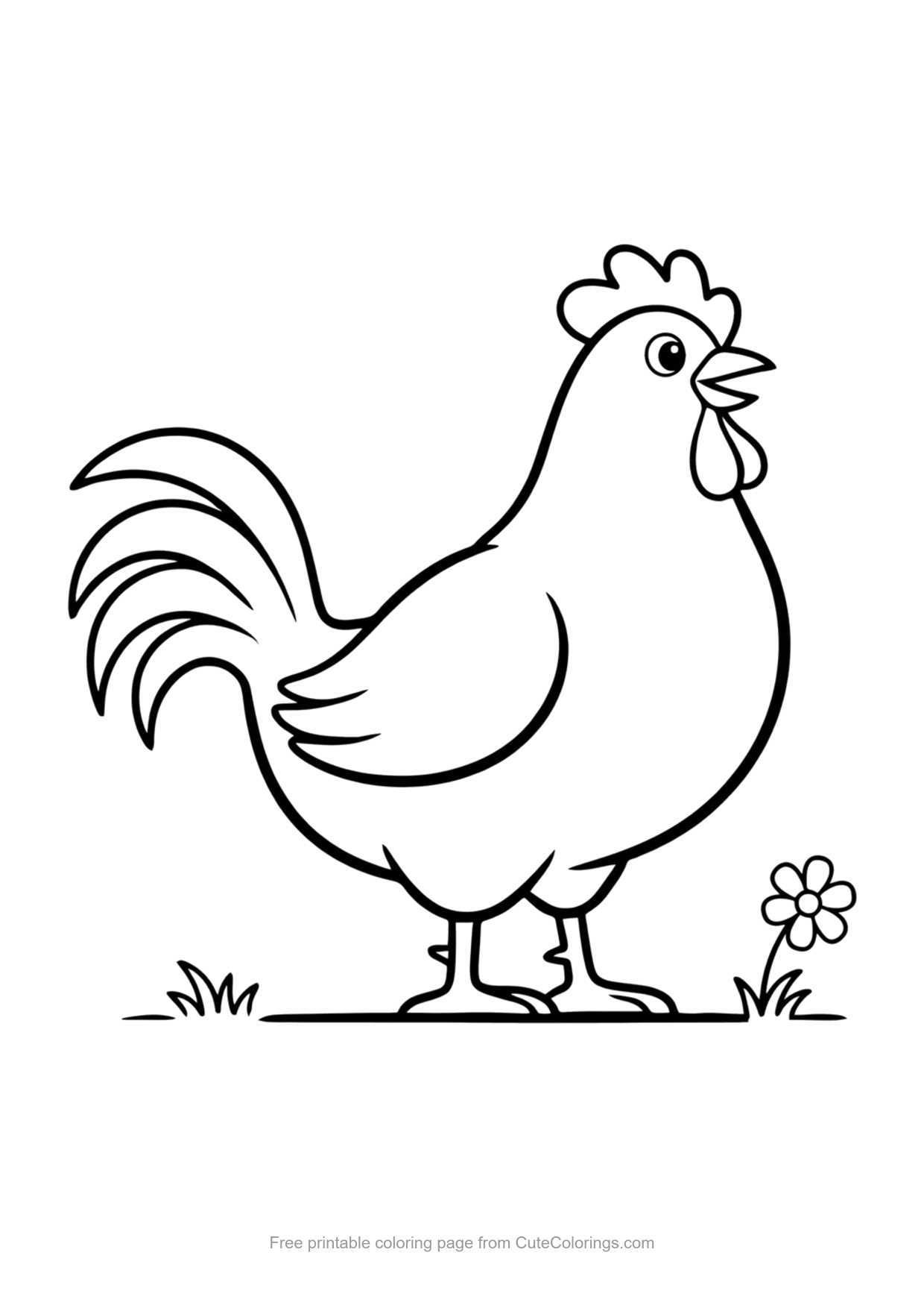 Easy cartoon rooster coloring page with a big comb and fan tail for toddlers