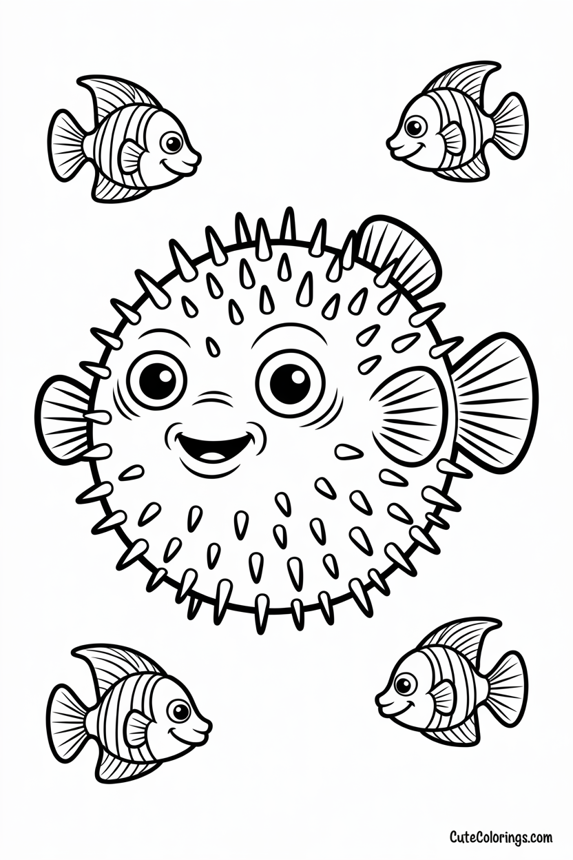 Happy pufferfish with striped clownfish swimming scene