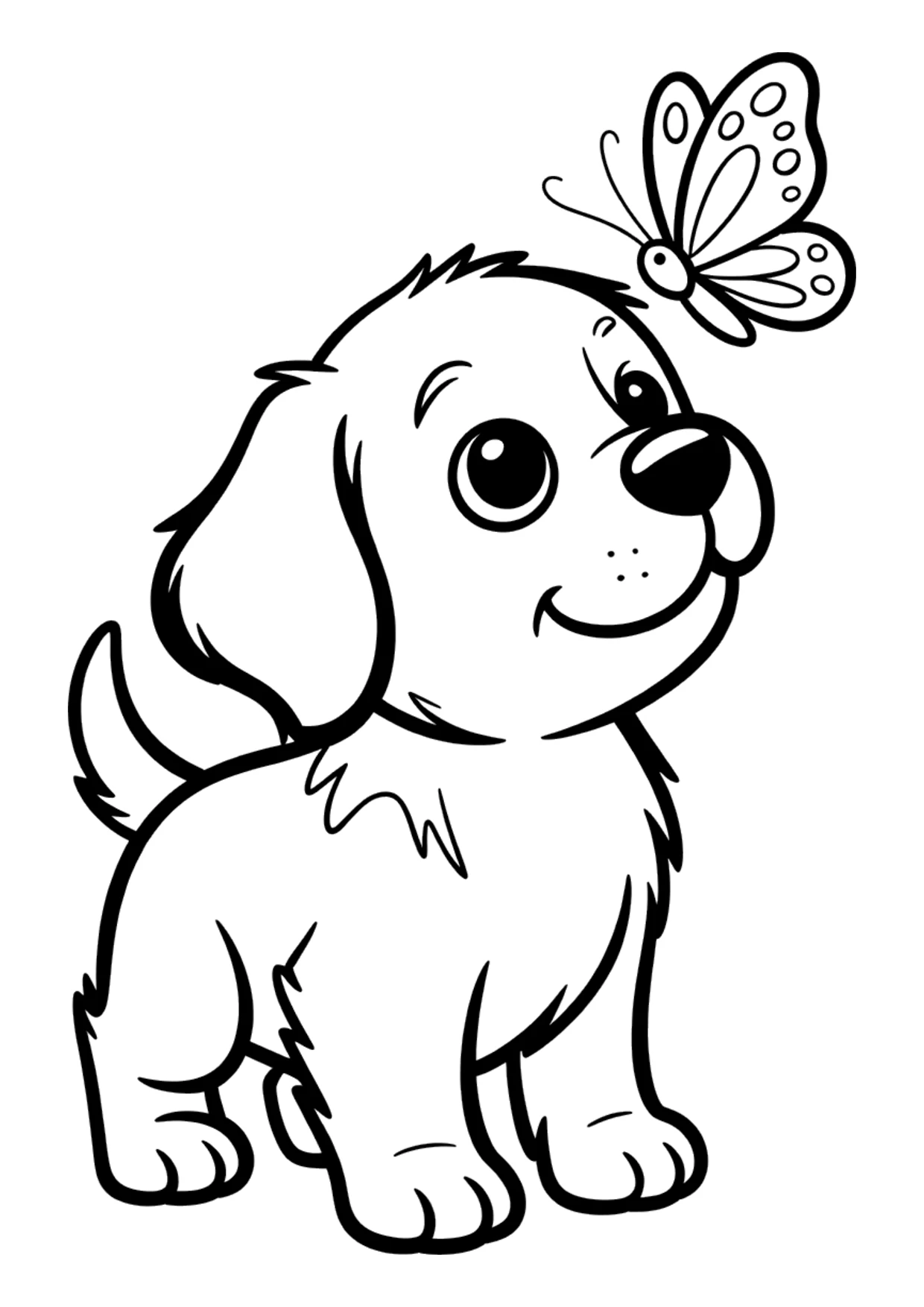 Easy coloring page of a puppy and a butterfly