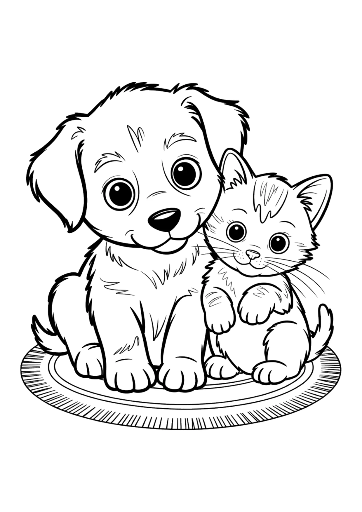 Coloring page of a puppy and a kitten