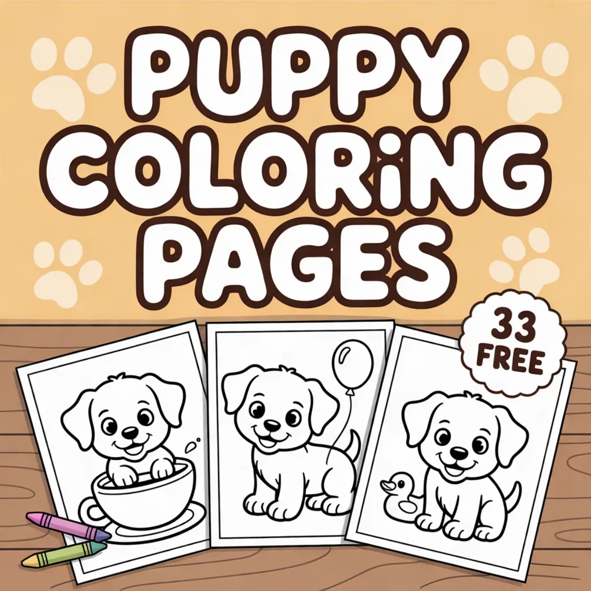 Puppy coloring pages cover with three printable puppy coloring sheets and crayons