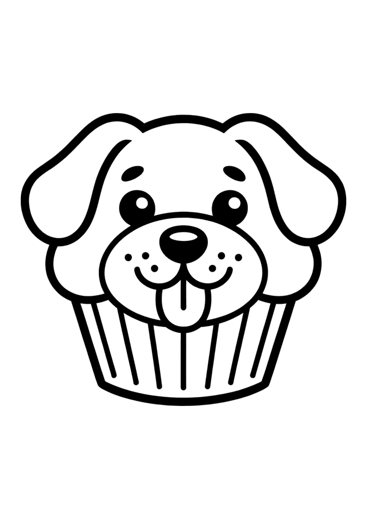 Coloring page for kids of a cupcake decorated as a cute puppy face with floppy ears