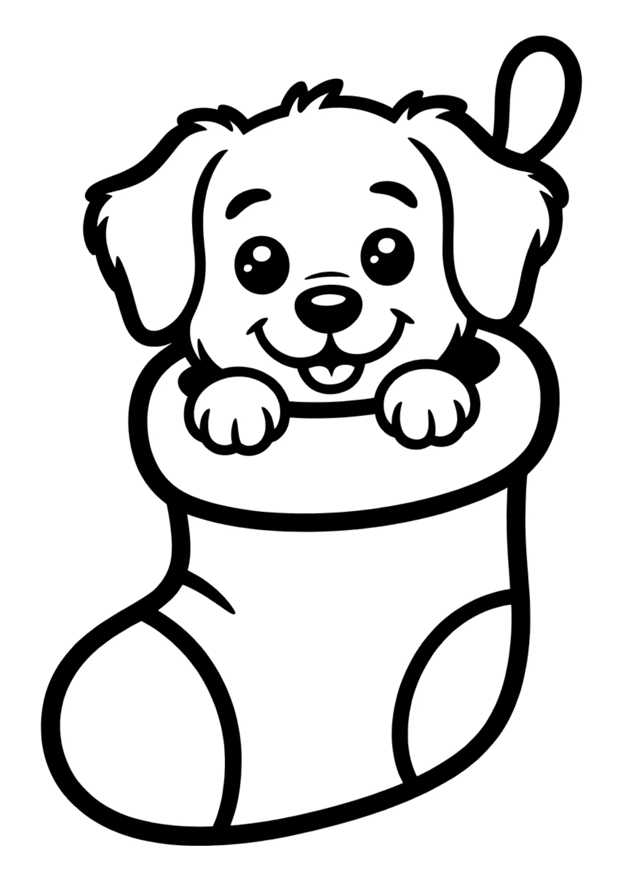 Dibujo fácil de un cachorro en un calcetín de Navidad para colorear