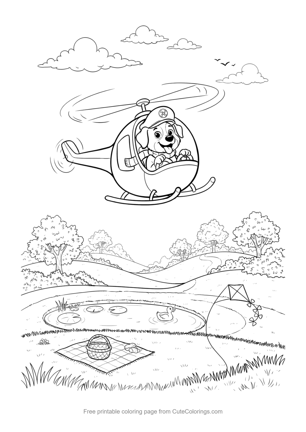 Coloring page for kids of a cartoon puppy pilot flying a helicopter over a park