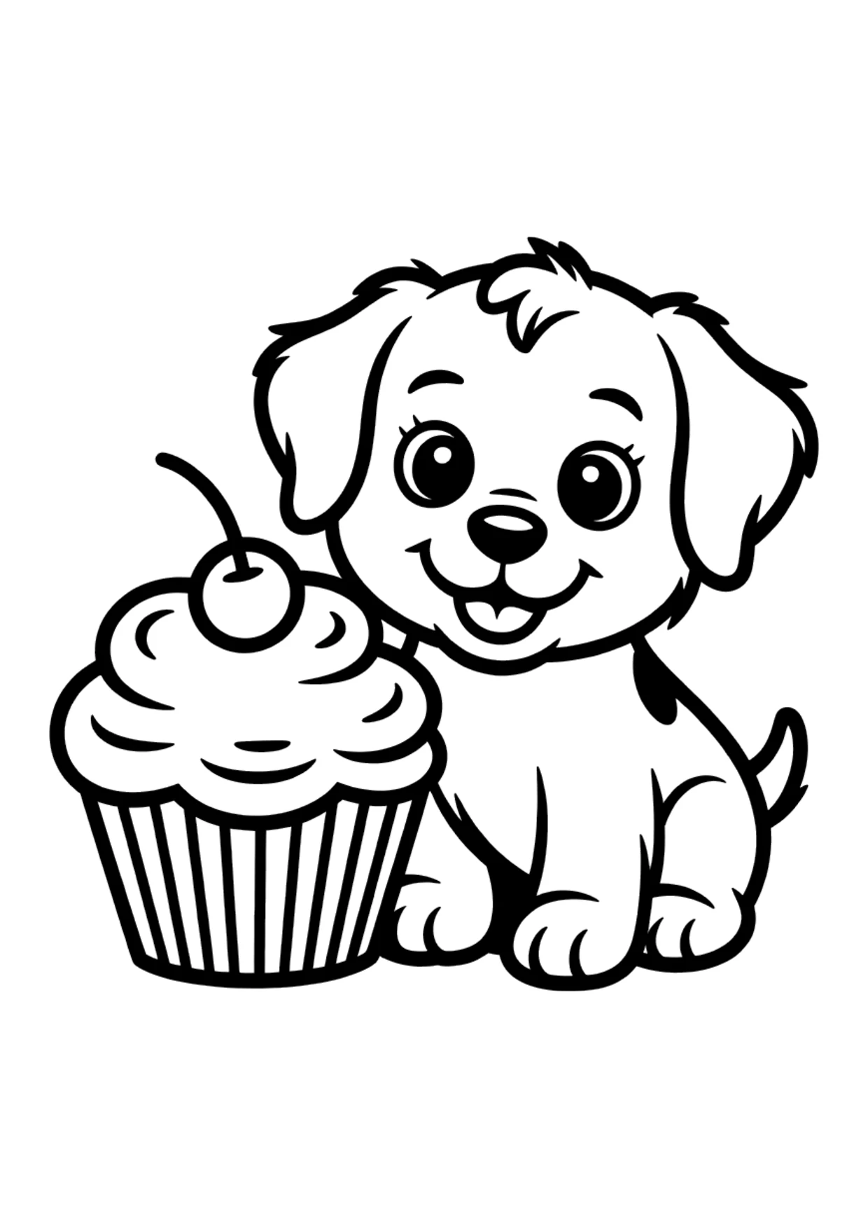 Easy coloring page of a puppy with a cupcake