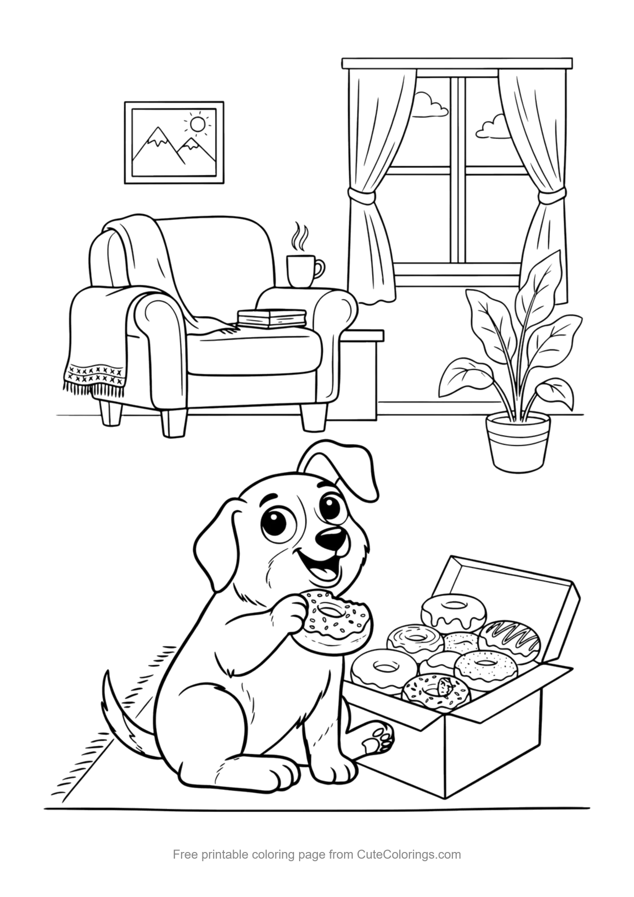 Coloring page for kids of a puppy sitting next to an open box of donuts
