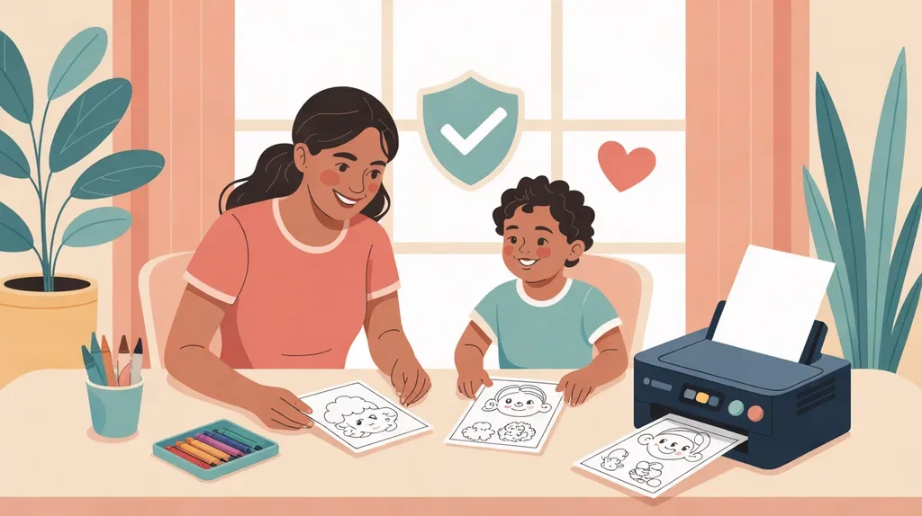 Illustration of a parent and child checking freshly printed coloring pages together