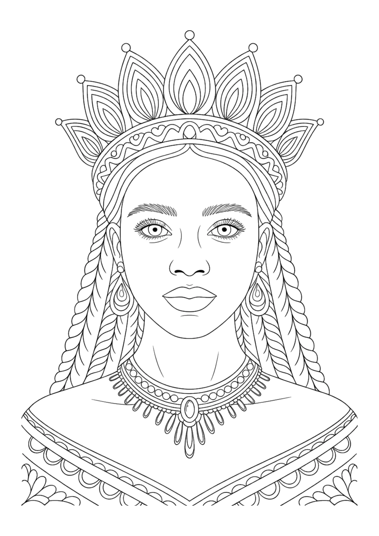 Detailed coloring page of a Black woman wearing a crown