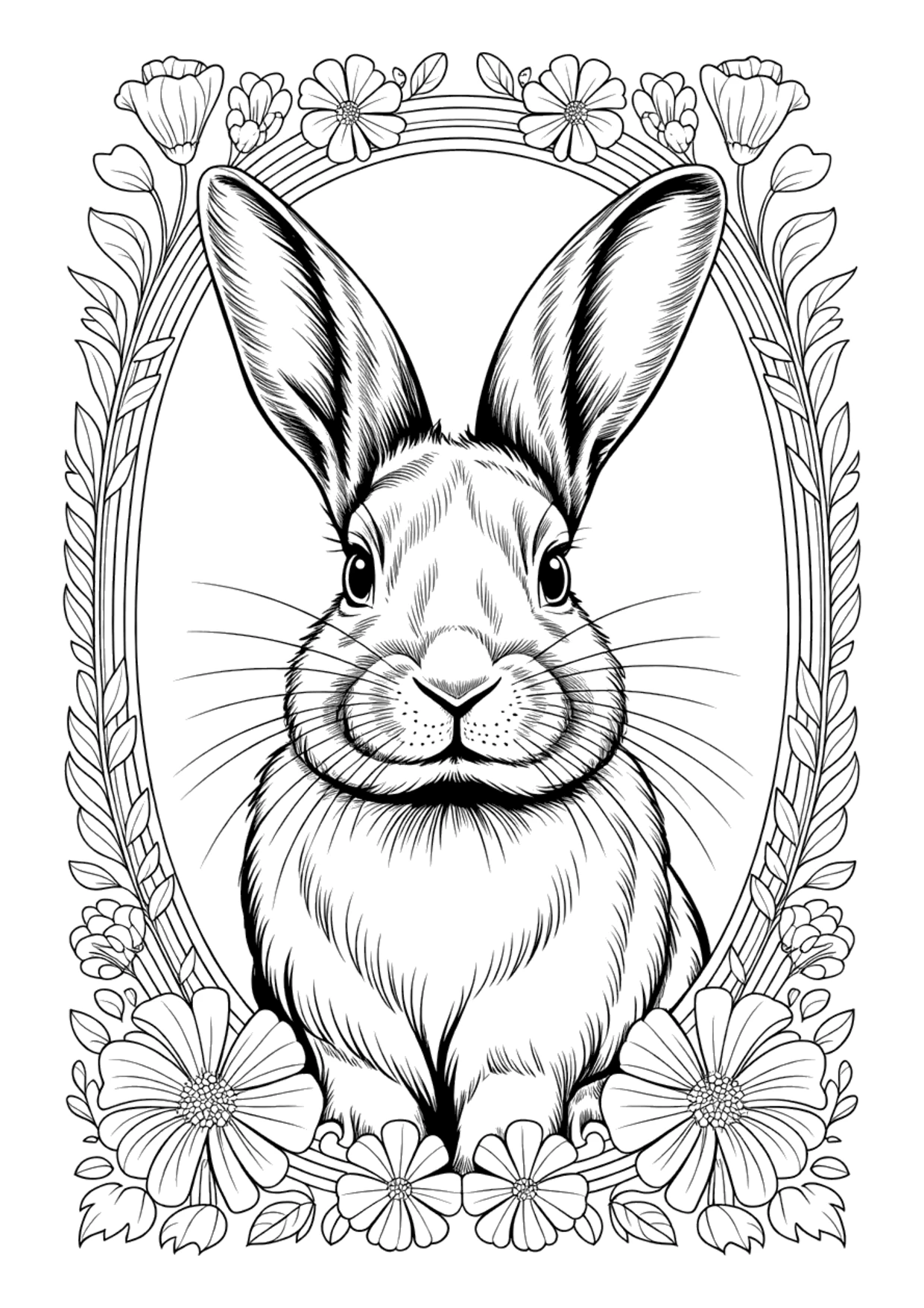 Detailed coloring page of a rabbit framed by spring flowers