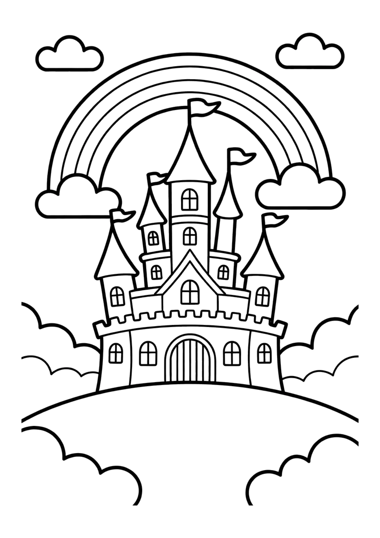 Dibujo de un castillo con un arcoíris para colorear