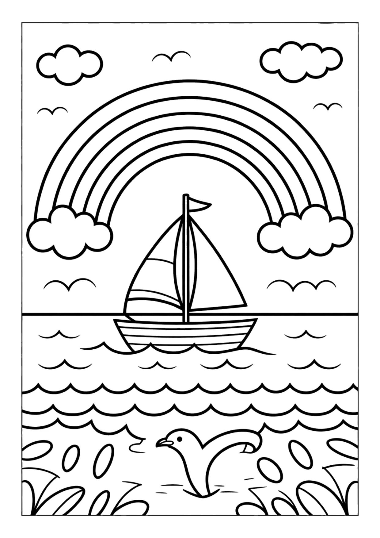 Dibujo de un arcoíris sobre el mar con un velero para colorear
